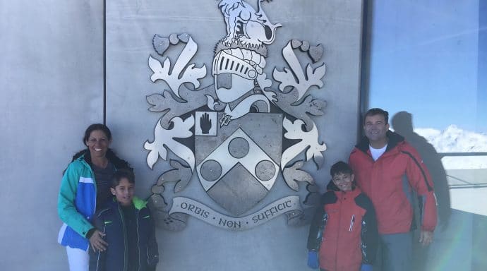 007's family crest is on display outside of the museum.